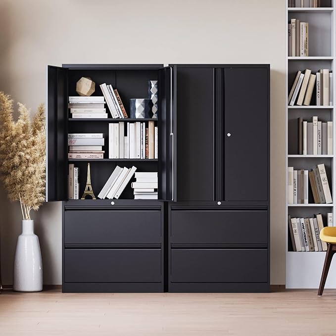 STANI 2 Drawer Lateral File Cabinet - Metal Storage Cabinet with Locking Drawers for Letter/A4 Size Files (Black)