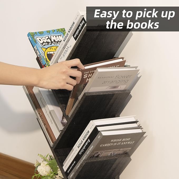 SHEEPAM 5 Tier Tree Book Shelf, Small Desktop Bookshelf with Storage Organizer, Wood Bookcase, Desk Display Bookshelves, Floor Standing Organizer Bookcases for Living Room,Bedroom,Office-Dark Grey