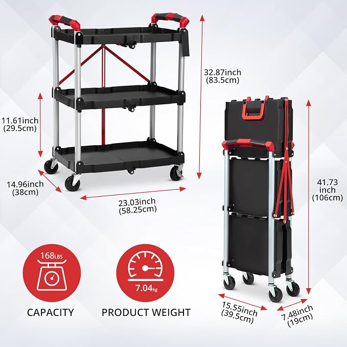 Folding Utility Service Cart, Collapsible Cart with Wheels, 3 Tier Rolling Utility Cart, Folding Cart with Wheels Collapsible, Service Cart for Tool, Grocery, Bar, Garage, Kitchen, Office