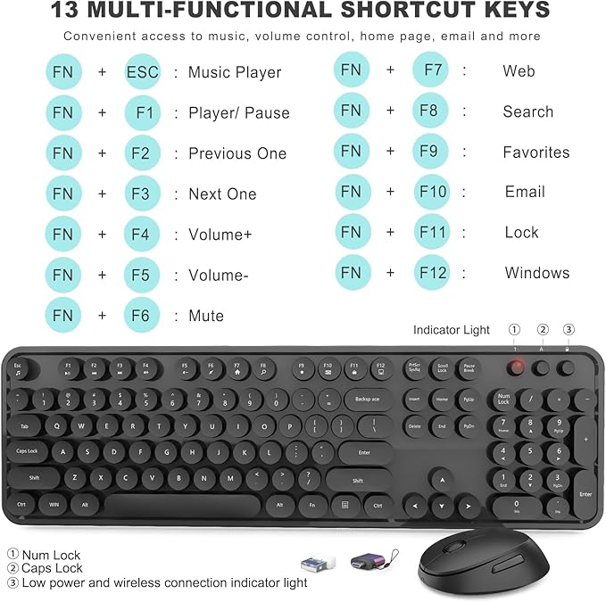 Wireless Keyboard and Mouse Combo, Ergonomic Full Size Typewriter Retro Round Keycaps Keyboard, Compatible with Windows, PC, Perfer for Home and Office Keyboards (Black