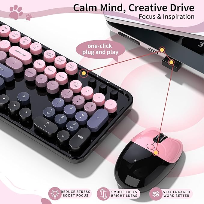 Wireless Keyboard and Mouse, MOFII 104 Round Keycaps Retro Typewriter with OTG & Brush, Full-Size Ergonomic, Ideal for Windows PC, Home, Office and College Peach Pink