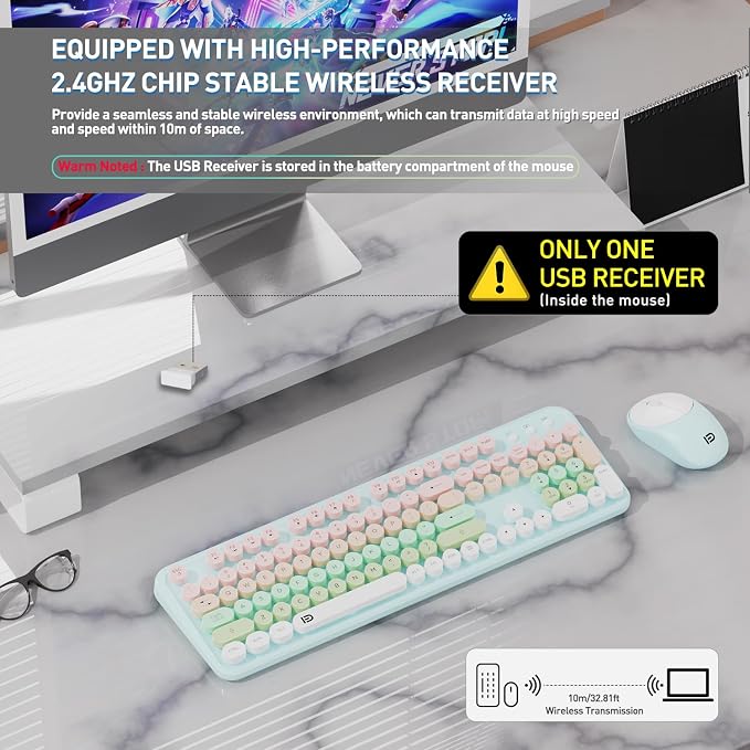 Wireless Keyboards Mouse Combos, Colorful Cute Typewriter Full-Size Retro Round Keycaps, 2.4GHz Cordless Sleep Mode Office Quiet Wireless Keyboard and Mouse Set for Desktop Laptop PC Computer