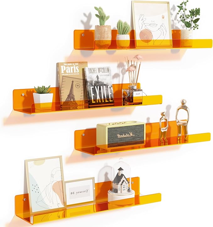 upsimples Acrylic Shelves for Wall Decor, 15" Display Shelf Perfume Organizer for Bathroom, Bedroom, Living Room, Floating Bookshelves for Kids, Clear Orange, 4 Pack