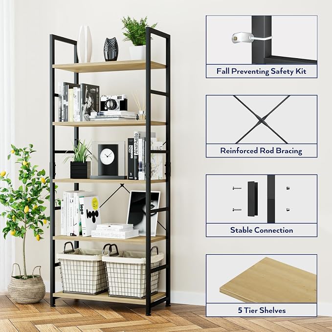 NUMENN 5 Tier Bookshelf, Tall Bookcase Shelf Storage Organizer, Modern Book Shelf for Bedroom, Living Room and Home Office, Natural