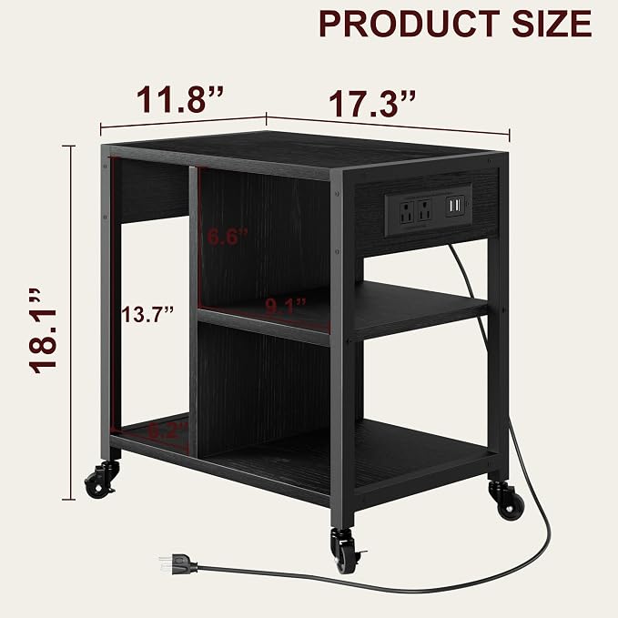 GarveeLife Small Printer Stand with Power Outlets, Rolling Printer Table with Lockable Wheels, Under Desk Printer Cart with Storage, Utility Storage Cart for Home, Office, Black