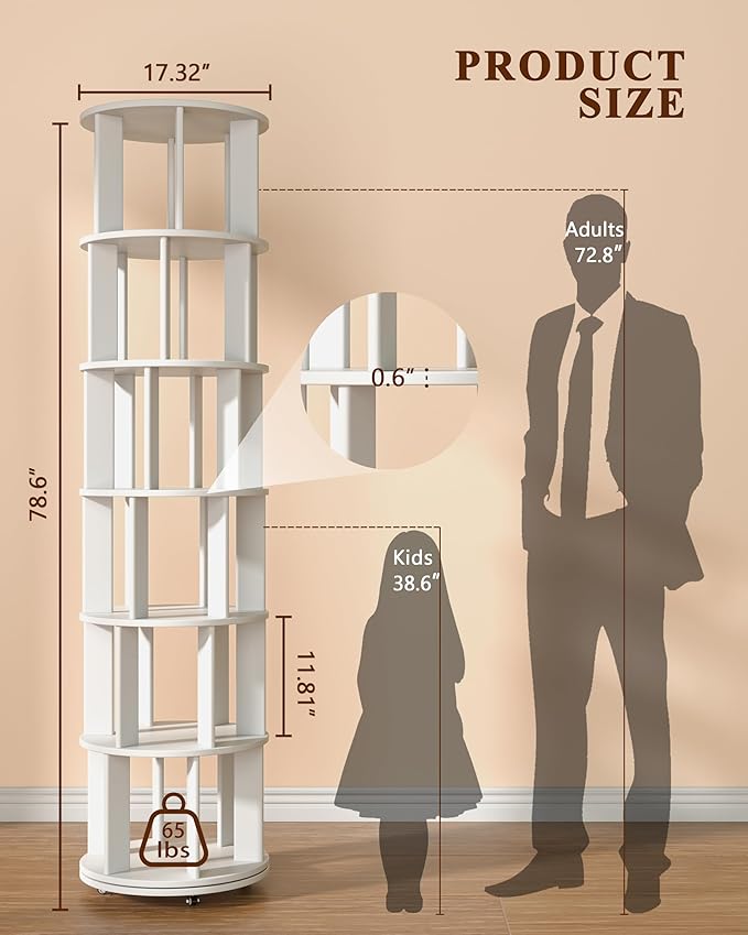 6-Tier Solid Wood Rotating Bookshelf on Wheels, 360° Spinning Book Shelf Tower, Round Revolving Bookcase Organizer, Rolling Bookshelves for Small Spaces, Corner, Bedroom, Kids Room, Office, White