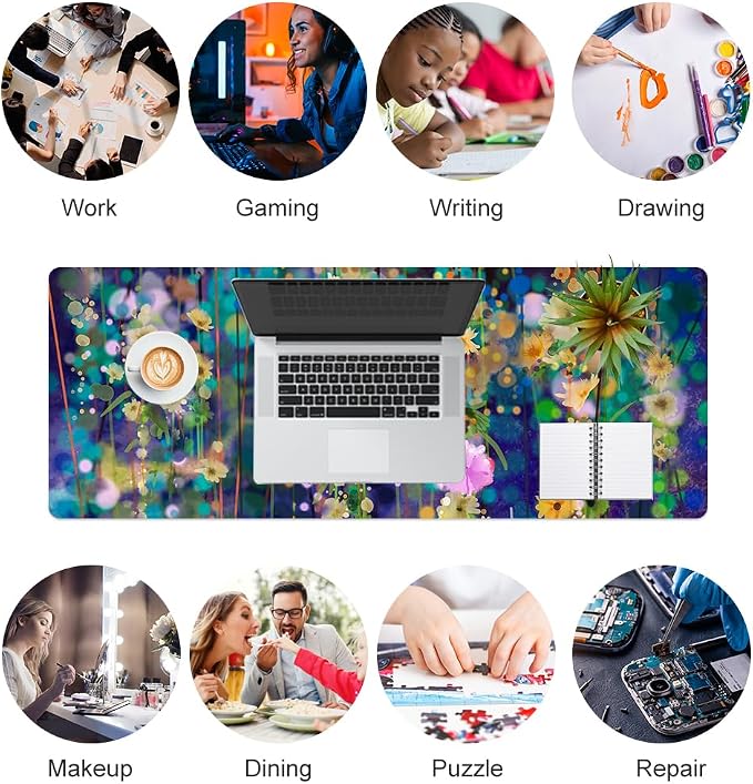 QIYI Large Desk Pad, Waterproof PU Leather Mouse Pad for Desktop, Blue Green Floral Home Décor Office Desk Accessories, Non Slip Desk Mat Writing Pads for Home Office 31.5" x 11.8" - Ivy Flowers