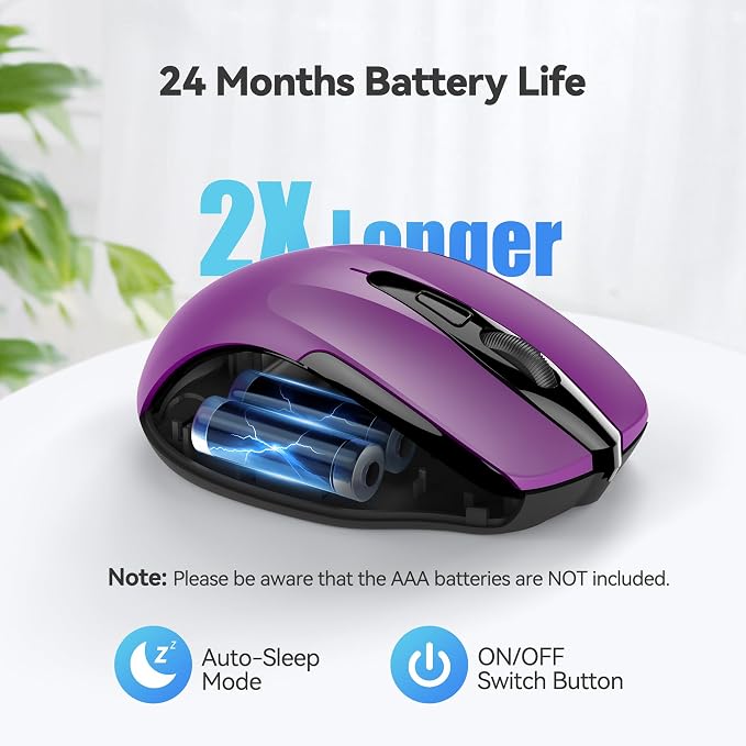 TECKNET Wireless Mouse, 2.4G Ergonomic Optical Mouse, Computer Mouse for Laptop, PC, Computer, Chromebook, Notebook, 6 Buttons, 24 Months Battery Life, 2600 DPI, 5 Adjustment Levels - Purple