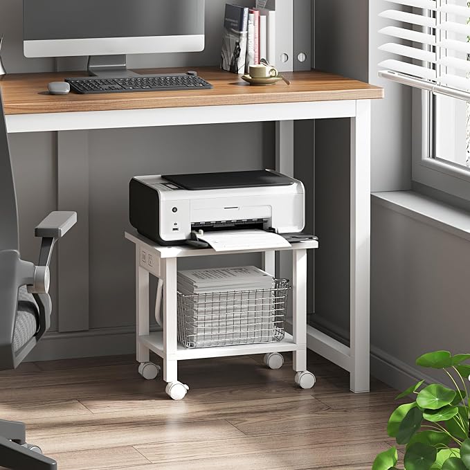 TUTOTAK 2 Tier Printer Stand, Rolling Printer Cart with Power Outlets and USB Ports, Mobile Printer Table with Wheels, for Under Desk, Office, Home, White PS01BW001