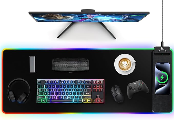 Mouse Pad with Wireless Charging, Large Desk Mat RGB Gaming Mousepad, 10 Light Colors LED Gaming Pad Keyboard Pad with Ultra-Smooth Surface & Non-Slip Rubber Base, Waterproof Full Desk Mouse Pad
