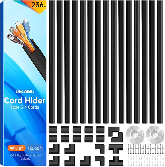 Delamu Black Cord Hider, 236in Cord Covers for 3-4 Wires on Wall, Cable Hider Wire Covers for Cords, Wire Hiders for TV on Wall, TV Cord Hider for Wall Mounted TV, 15x L15.7 W1.18 H0.6in, Black