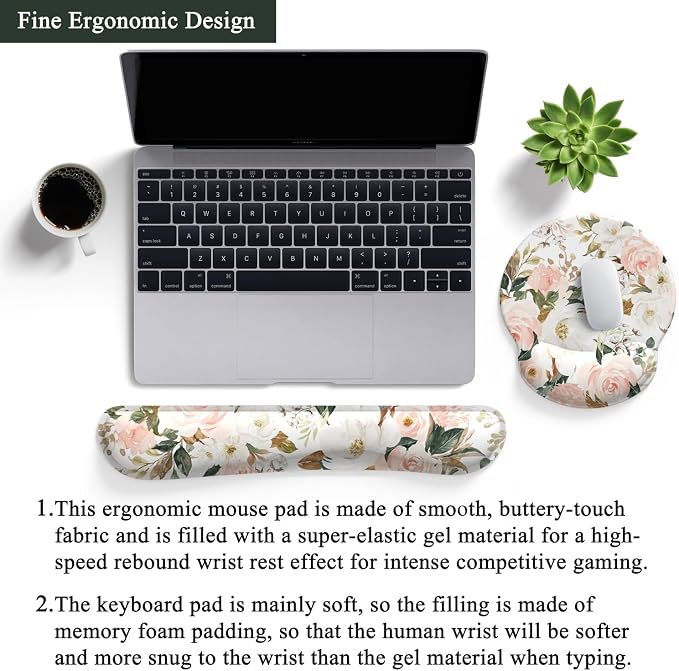 Pink Flower Desktop Mat Aesthetic Wrist Support Keyboard Mouse Wrist Rest Set, Computer Office Comfortable Wrist Rest for Mouse Easy Typing & Pain Relief, Ergonomic Computer Mouse Pad with Pu Base.