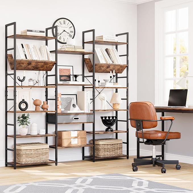 NUMENN Bookcases and Bookshelves Triple Wide 6 Tier Bookshelf, Large Etagere Bookshelf with Storage Drawer, Adjustable Open Display Shelves for Living Room Bedroom Home Office, Vintage
