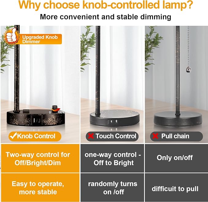 Set of 2 Industrial Table Lamps with USB Port, Rustic Black Fully Stepless Dimmable Bedside Lamps for bedrooms, Nightstand Desk Lamps with Clear Glass Shade for Reading Living Room Office 2 LED Bulb