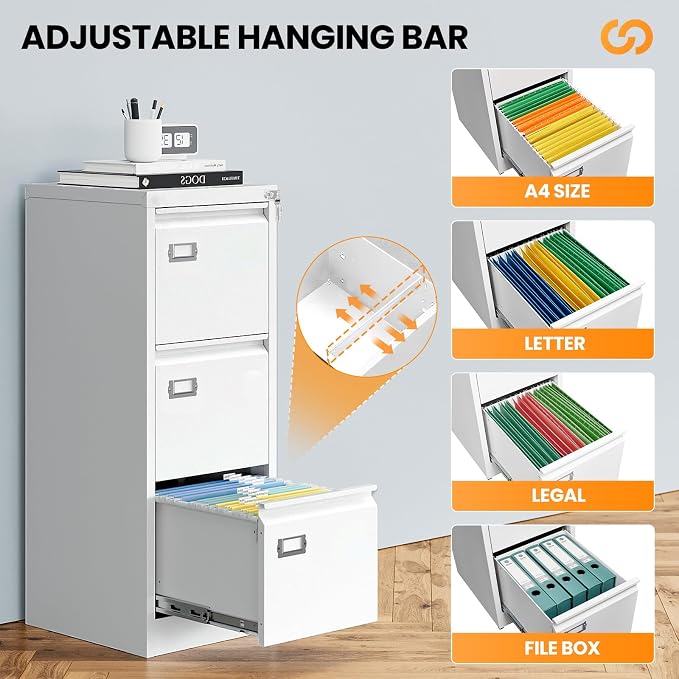 3 Drawer File Cabinet with Lock, Metal Filing Cabinets for Home Office, Vertical White Locking File Caninet, Steel Narrow Three Drawer File Cabnet for Letter/Legal / A4 / B4- Assembly Required