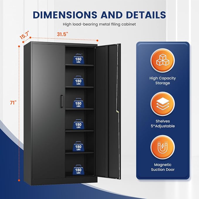 Yizosh Metal Garage Storage Cabinet with 2 Doors and 5 Adjustable Shelves - 71" Steel Lockable File Cabinet,Locking Tool Cabinets for Office,Home,Garage,Gym,School (Black)