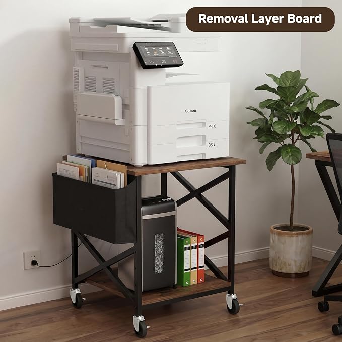 Large Printer Stand with Storage Bag, Rolling Printer Cart with Power Outlet, 3 Tier with Height Adjustable Storage Shelf, 23.6 x 23.6 Inches Printer Table for Home Office