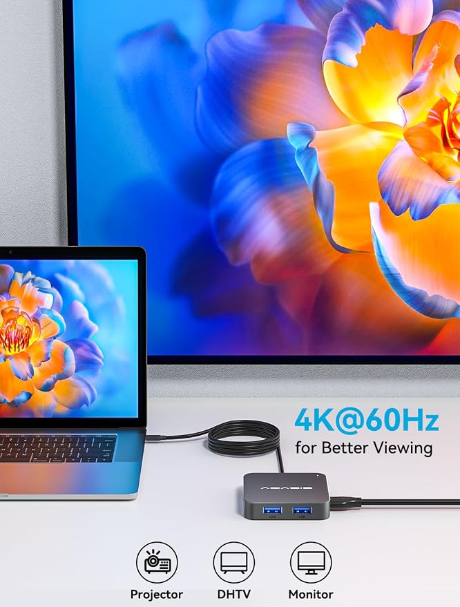 USB C Hub Long Cable 4FT 10Gbps, Multiport Adapter with 4K 60Hz HDMI, 100W Power Delivery, 3 USB A3.1+1 USB-C 3.1 Data Port, USB C to HDMI Adapter for MacBook, Dell, Lenovo, Surface, iPad PRO