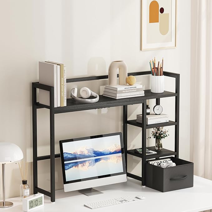 Marbrasse Desk Shelf with Drawer, 40" Desk Hutch for Computer Monitor, Desk Shelf for top of Desk, Wooden Desktop Bookshelf Storage Rack for Home Office Dorm - Black