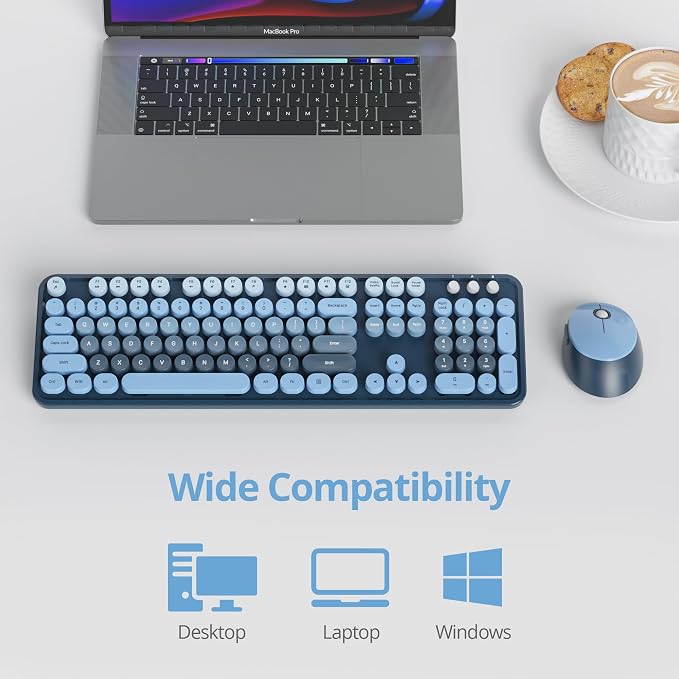 Guffercty kred Colorful Blue Wireless Keyboard and Mouse Combo, Retro Typewriter Wireless Full-Size Cute Office Keyboard 2.4GHz with Round Keycaps for Desktop Laptop and PC (Ocean Blue)