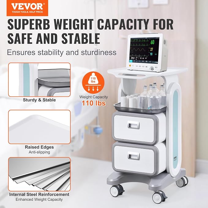 VEVOR 3 Tiers Lab Carts, Lab Utility Cart with 2 Drawers & 1 Top Tray, Mobile Medical Cart with ABS Material, Lab Rolling Cart with 4 Silent Wheels for Lab, Clinic, Hospital, Salon, White