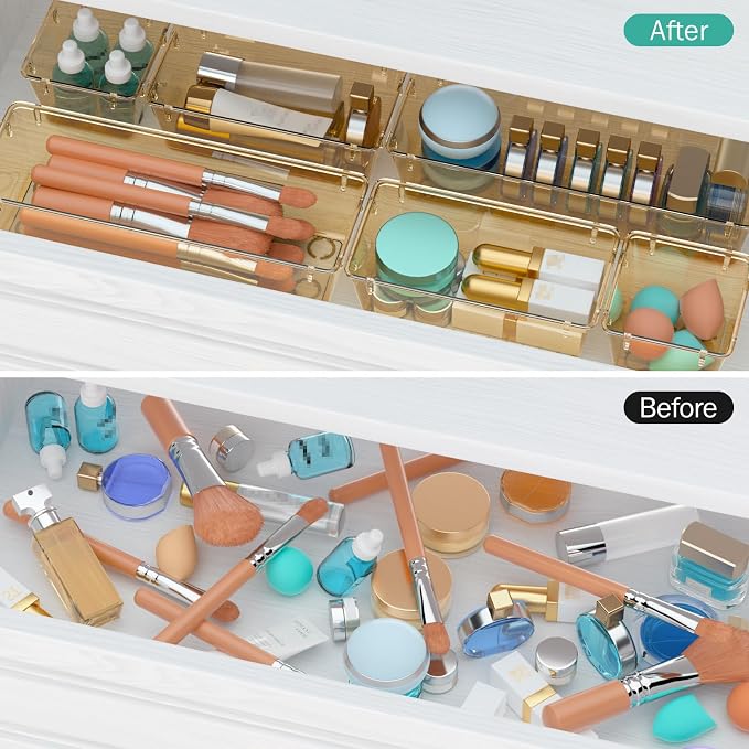 WOWBOX 12 Pack Clear Drawer Organizer Set, Acrylic Drawer Storage Trays, Storage Bins for Makeup, Cosmetics, Jewelries, Utensils, Gadgets, Office, Champagne