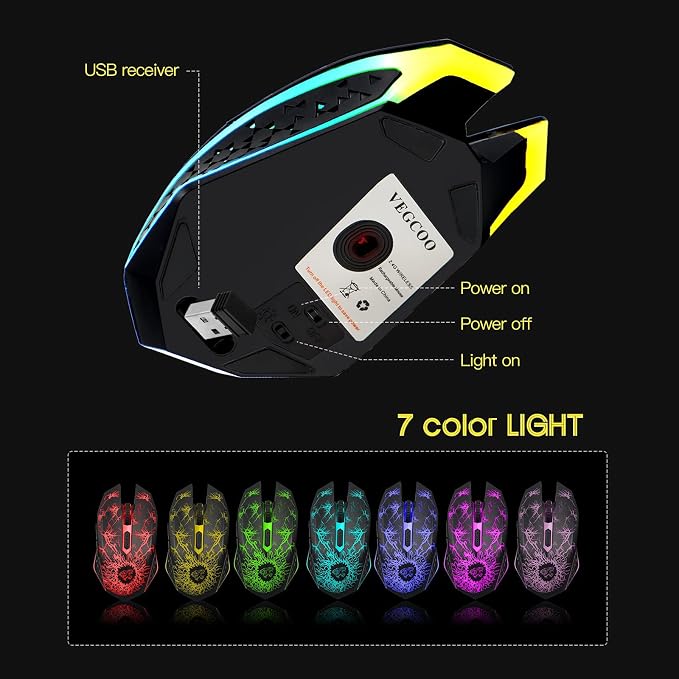 VEGCOO Wireless Gaming Mouse, Rechargeable Gaming Mouse, Silent Optical Mice with 2.4G USB Receiver, 3 Level DPI, 6 Buttons, 7 Colors LED Lights for PC/Mac Gamer, Laptop and Desktop