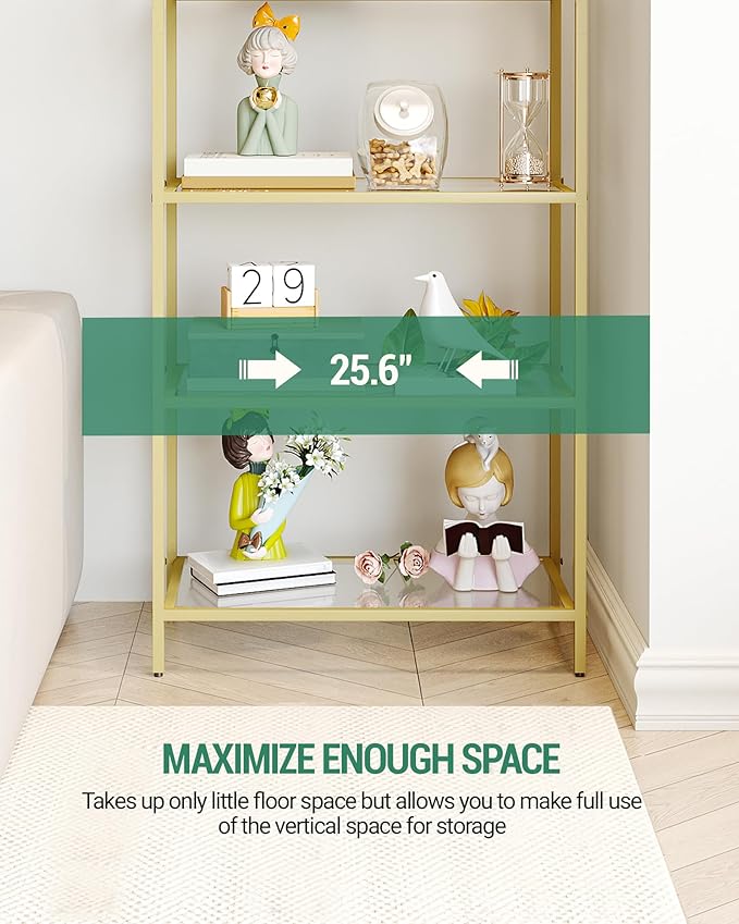 Hzuaneri Bookcase Bookshelf, Tempered Glass Bookshelves, Slim Shelving Unit for Bedroom, Bathroom, Home Office, Steel Frame, 5 Tier Gold BC21599G