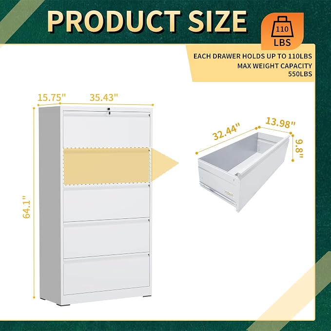 5 Drawer Lateral File Cabinet with Lock, Metal File Cabinets for Home Office, Steel Heavy-Duty Filing Storage Cabinet for Letters/Legal/A4 (Require Assembly, White)