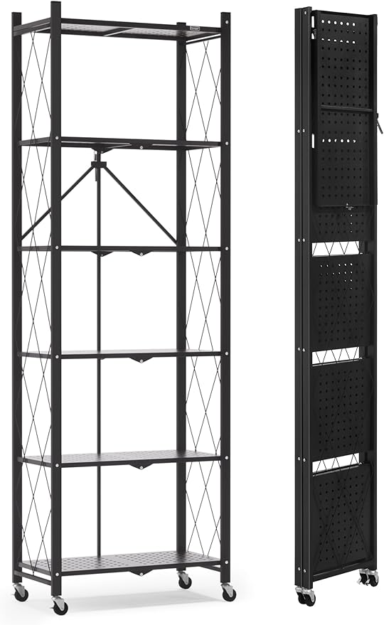 ALANNG 73.6 Inch Folding Bookshelf, 6 Tier Metal Bookcase and Bookshelves, Tall Shelves for Living Room Office Bedroom, Heavy Duty Book Shelve Free Standing Open (Black, 1PACK)