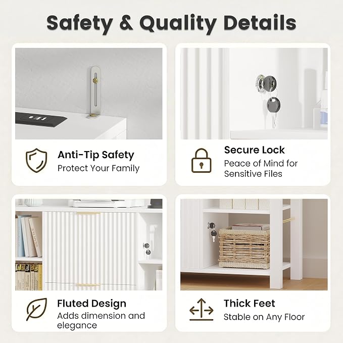 File Cabinet for Home Office, Fluted Filing Cabinet with 2 Drawers Fit Letter/Legal/A4 Folders with Tabs, Printer Stand with Lock & 2 Power Outlets, 6 Shelves (Set of 2, White)