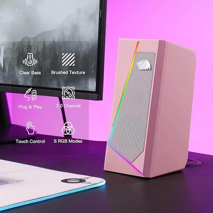 Redragon GS520 RGB Desktop Speakers, 2.0 Channel PC Computer Stereo Speaker with 6 Colorful LED Modes, Enhanced Sound and Easy-Access Volume Control, USB Powered w/ 3.5mm Cable, Pink