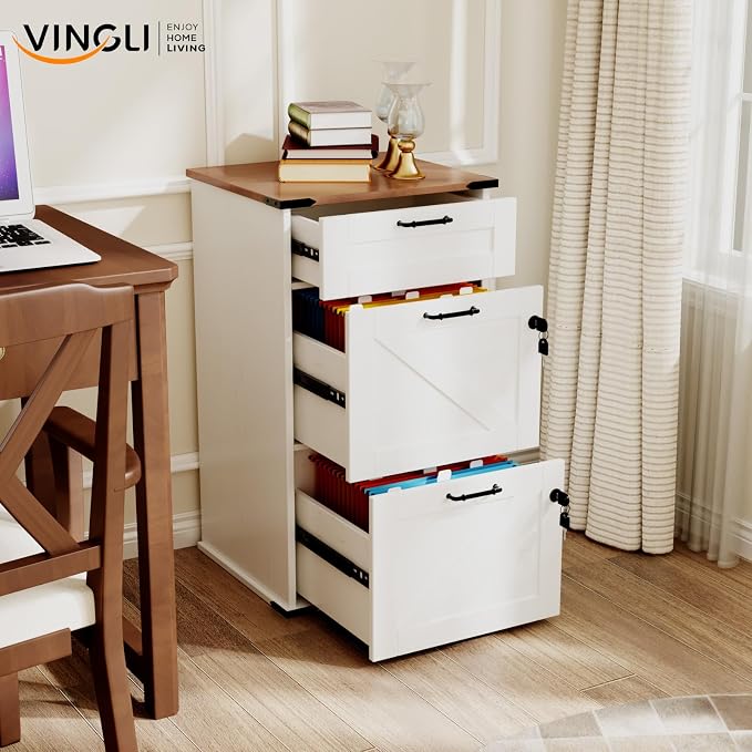 VINGLI 3 Drawer File Cabinet with Lock, Home Office Filing Organizer, for Letter Size File Folder Storage, Modern Farmhouse Style, Wood Vertical Filing Cabinet, Archivador (Rustic White & Brown)