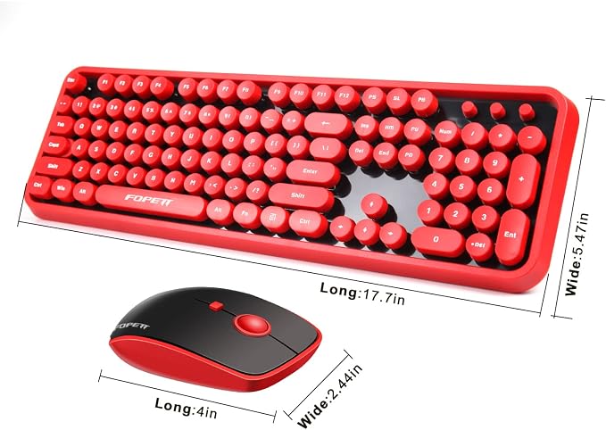FOPETT Wireless Keyboard and Mouse Combo, 104 Keys Full-Sized 2.4 GHz Round Keycap Colorful Keyboards, USB Receiver Plug and Play, for Windows, Mac, PC, Laptop, Desktop (Black Red)