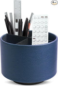 Round Leather Art Supply Organizer,Remote Control Holder,360 Degree Spinning,Multi-Functional Pencil Holder,4 Compartments Desktop Stationary Organizer(1-Lichee Blue)