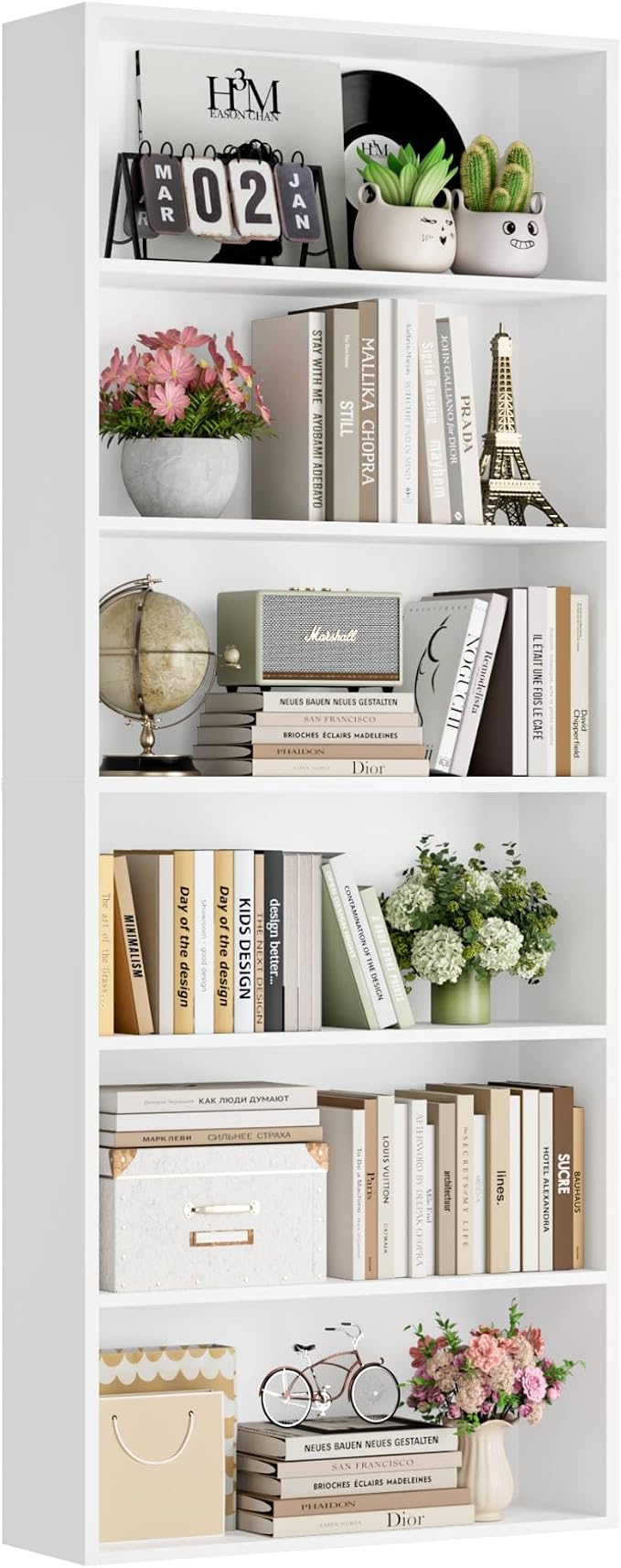 FOTOSOK 6-Tier Open Bookcase and Bookshelf, Freestanding Display Storage Shelves Tall Bookcase for Bedroom, Living Room and Office, White