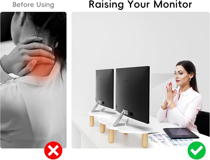 AFOOYO Dual Monitor Stand Riser,Rainbow Cloud Desktop Computer Stand for 2 Monitors,Adjustable Length and Angle Multifunctional Desktop Organizer Stand for Laptop, PC, Computer, Printer,White