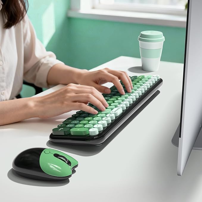 MOFII Wireless Keyboard and Mouse Combo, Compact Small Keyboard with Large Print, 2.4GHz Retro Typewriter Keyboard, Quiet Click Mouse for PC, Laptop, Desktop, Windows (Black Green Gradient)