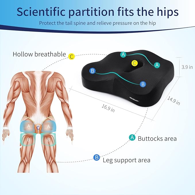 Memory Foam Seat Chair Cushion for Relieves Back Sciatica Pain Tailbone Pain Coccyx Degenerating Disc Orthopedic Osteoarthritis Prostate Cushion Low Back Pain Cushion Hip Shaping (Black mesh)