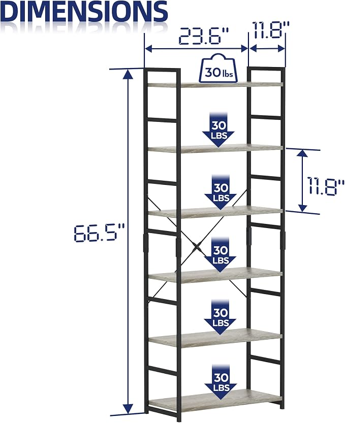 NUMENN 6 Tier Bookshelf, Tall Bookcase Shelf Storage Organizer, Modern Book Shelf for Bedroom, Living Room and Home Office, Grey