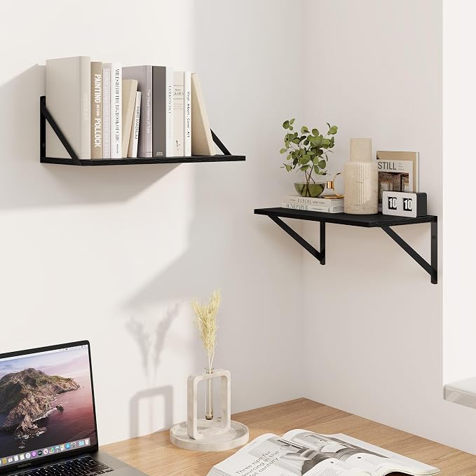 Heimlove Black Deep Floating Shelves for Wall, 16W x 8D Wood Wall Shelves Set of 2, Wide Floating Bookshelf for Living Room, Kitchen, Office, Bedroom and Decor Storage, with Metal Bracket - Black