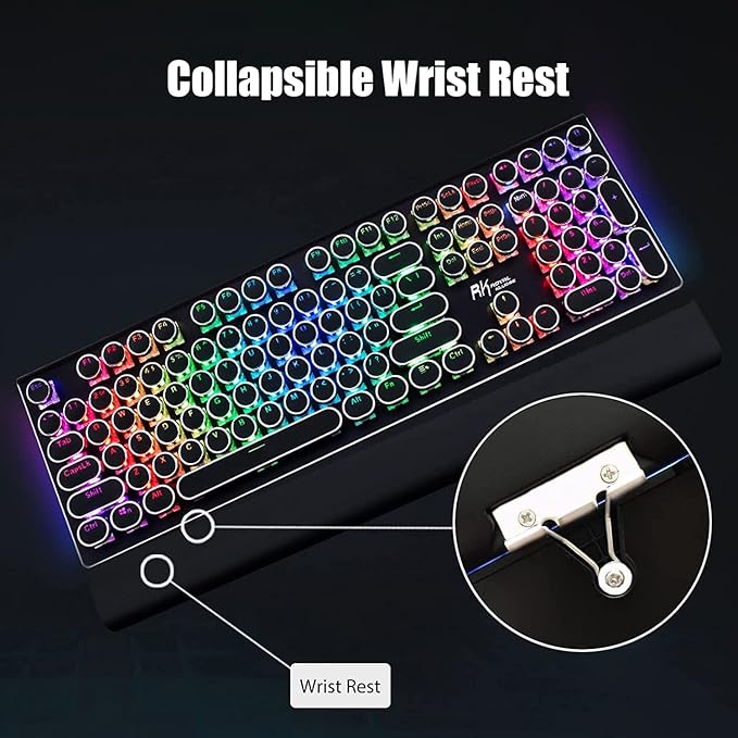 RK ROYAL KLUDGE S108 Typewriter Keyboard, Retro Mechanical Gaming Keyboard Wired 108 Keys with RGB Backlit Sidelight, Detachable Wrist Rest, Round Keycaps Blue Switches - Black
