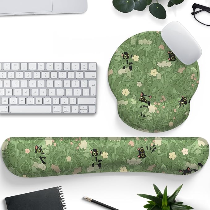 Cute Flower Mouse Pad Wrist Support Ergonomic Green Hide Out Cat, Keyboard Mouse Wrist Rest Non-Slip Gel Anime Kawaii 3D Mouse Pads Wrist Pad,Easy Typing,Pain Relief, Comfortable Computer Mouse Pad.