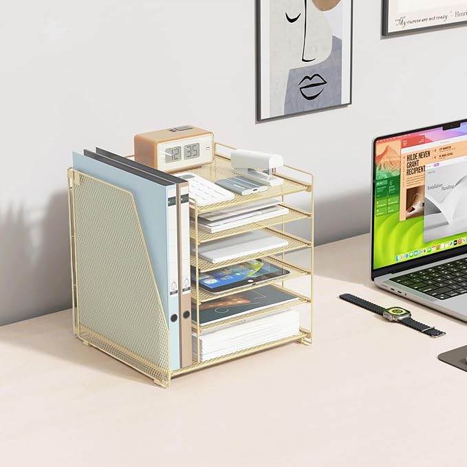gianotter 6-Tier Paper Organizer With Magazine Holder, Desk Organizers and Accessories, Desk Accessories & Workspace Organizers, File Organizer for Office Supplies Storag (Gold, 6-Tier)