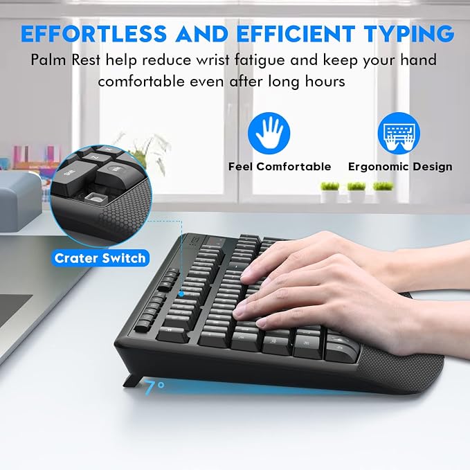Wireless Keyboard and Mouse Combo, E-YOOSO 2.4GHz Full Sized Ergonomic Wireless Keyboard with Wrist Rest, 3 DPI Adjustable and 6 Buttons Cordless USB Mouse for Computer, Laptop, PC, Windows (Black)