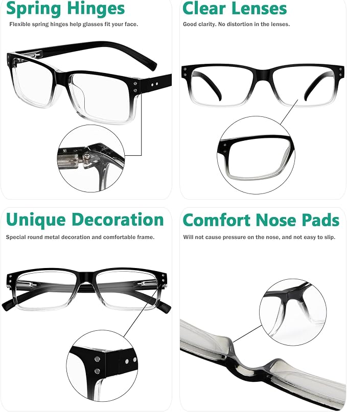 Eyekepper Vintage Reading Glasses for Men - 5 Pack Spring Hinges Classic Readers - Black-Clear Frame +1.25