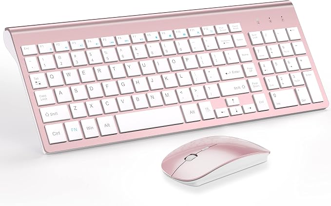 Wireless Keyboard and Mouse Ultra Slim Combo, TopMate 2.4G Silent Compact USB 2400DPI Mouse and Scissor Switch Keyboard Set with Cover, Batteries Included, for PC/Laptop/Windows/Mac - Rose Gold White