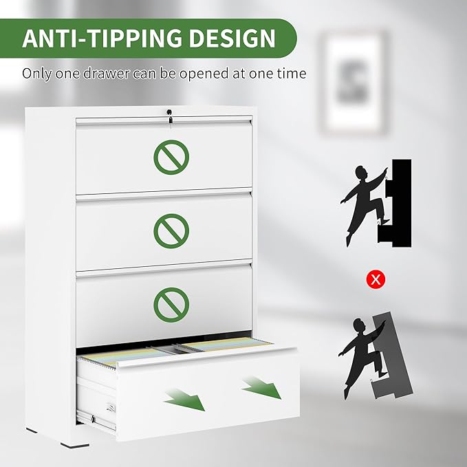 Metal Lateral File Cabinets with Lock,4 Drawer Filing Cabinets for Home Office,Storage Cabinets for Hanging Files Letter/Legal/F4/A4 (White)