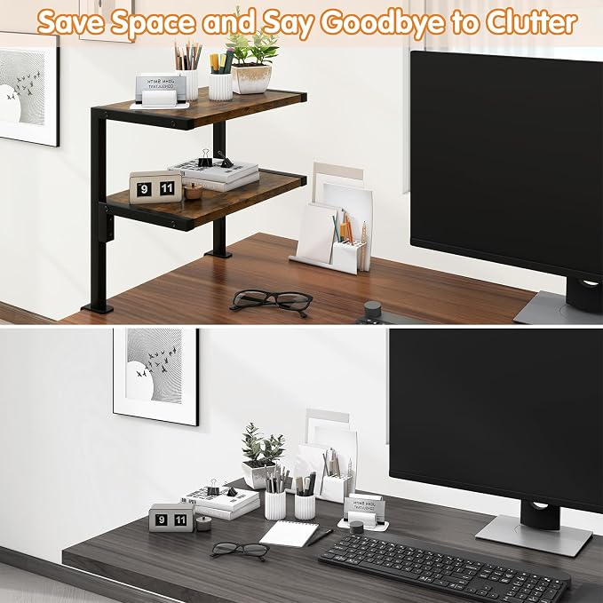 IBUYKE Clamp on Desk Organizer Shelf,12.9 inches Desk Extender Shelves, Above or Below Desk 2-Tier Adjustable Storage Shelves for Desktop Accessories,Rustic Brown,TMZ007H