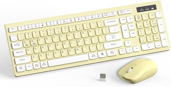 Wireless Keyboard and Mouse Combo, Full-Sized Wireless Keyboard and Adjustable DPI Mouse, 2.4GHz USB Receiver, Keyboard and Mouse for PC, Windows, Desktop, Laptop (Canary Yellow)